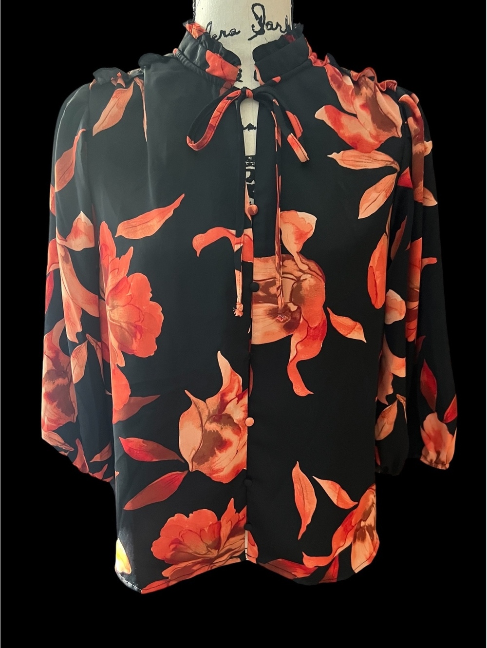 Nanette Lepore Black & Orange Floral Ruffle Mock Neck Keyhole Blouse